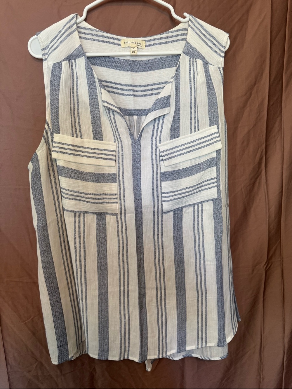 Faith and Joy Blue and White Striped Sleeveless Tunic Tank